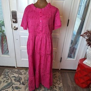 Take Two Clothing Womens Midi A-Line Dress Large Smocked Tiered Embroidered Pink